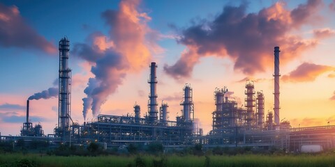 Obraz premium Industrial Refinery at Twilight with Emissions. Industrial refinery is captured during twilight, with smoke billowing from tall stacks, contrasting with the serene evening sky.