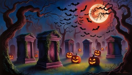 Halloween night scene in vibrant eerie oil painting
