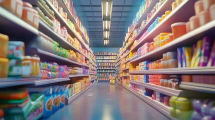 A 3D rendered miniature supermarket aisle, lined with tiny, perfectly stacked shelves of colorful products, the scene is lit by soft, warm fluorescent lights, casting gentle shadows, evoking a mood