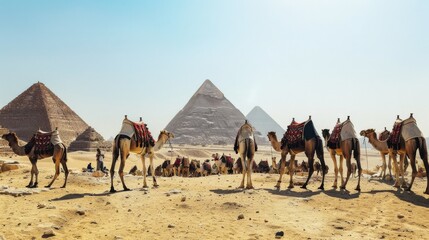 Fototapeta premium A captivating scene with camels in the foreground and the pyramids in the background under a clear blue sky, painting a picture of desert life.