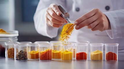 Close-up of a food product development technician measuring precise quantities of spices, with a light solid color background