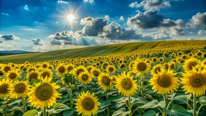 Obraz premium Vibrant yellow sunflowers stretch towards the sky, filling a vast, rolling hillside against a brilliant blue backdrop, capturing the essence of summer's warm serenity.