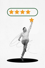 Collage image vertical artwork of happy handsome mature man hold star isolated on drawing creative...
