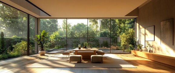 Modern Dining Room, Sleek Design, Comfortable Ambiance, Bright Natural Light