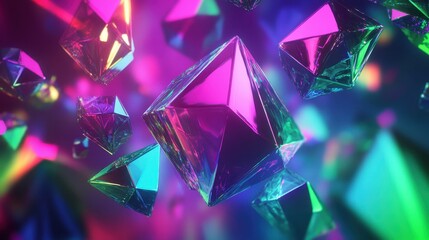 Colorful 3D crystals floating in a vibrant, abstract space.