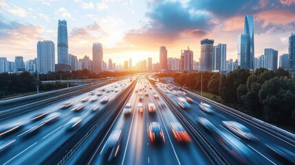 Fototapeta premium Evening view of a highway with cars speeding toward the city skyline, with skyscrapers glowing in the distance.