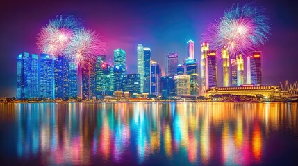 Fototapeta premium Fireworks over Singapore skyline on National Day, with vibrant colors reflecting on Marina Bay waters.