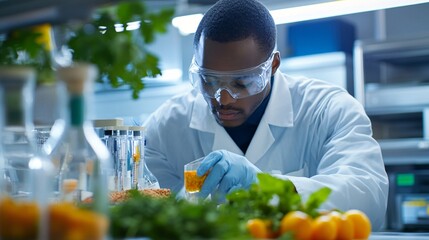 A food science technologist analyzing food samples in a laboratory setting, wearing a lab coat and safety goggles, surrounded by equipment and ingredients