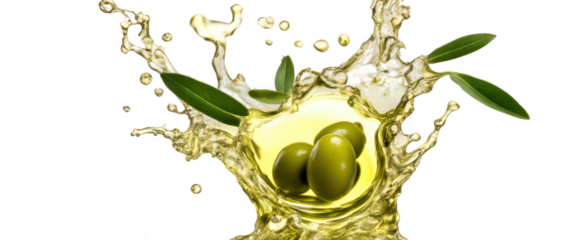 Fresh olives splash in vibrant olive oil isolate on transparent background, png, cutout
