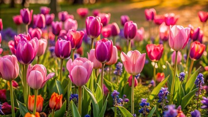 Obraz premium Vibrant pink tulips bloom alongside regal purple flowers in a lush field, blending together to create a stunningly colorful and serene natural landscape backdrop.