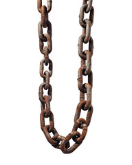 Obraz premium A strong, rusted metal chain isolated on a white background, showcasing its shiny, 3D links and emphasizing strength and connection