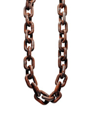Obraz premium A strong, rusted metal chain isolated on a white background, showcasing its shiny, 3D links and emphasizing strength and connection