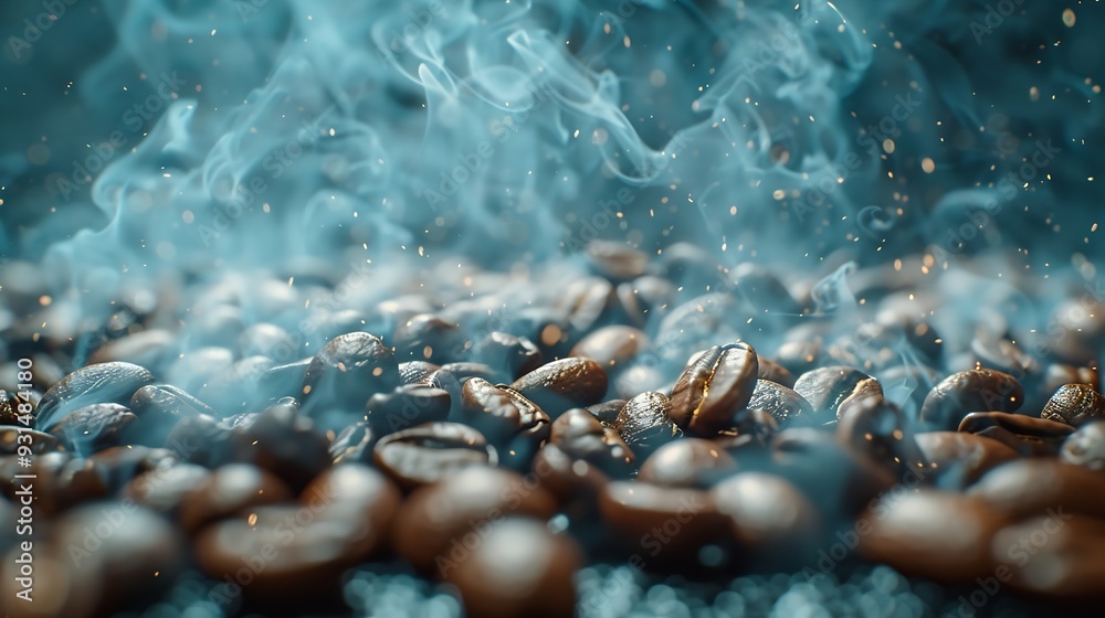 Poster coffee beans roasting with smoke selective focus and soft focus : generative ai