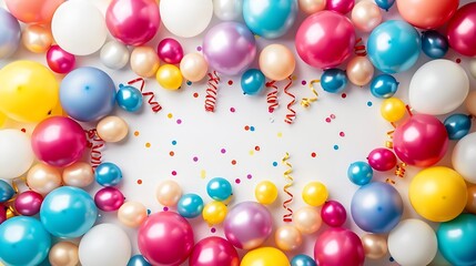 Colorful party balloons frame border isolated on white background Creative layout Flat lay top view Design element : Generative AI