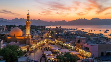 Fototapeta premium Panoramic view of Sharm El Sheikh Old Market at sunset, with Al Sahaba Mosque and a glimpse of the Red Sea.