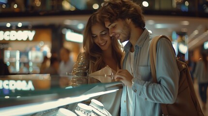 lovely couple choose and buy luxurious jewelry in shopping center inside of mall center : Generative AI