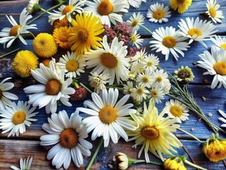 Vibrant blooms of white daisies and bright yellow flowers artfully scattered on a rich blue wooden surface, creating a sunny and uplifting still life composition. © Sirinporn