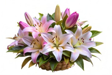 Obraz premium Delicate white lily flowers and buds surrounded by lush green leaves are beautifully arranged on a pure white background, creating an elegant floral pattern.