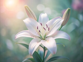Fototapeta premium Delicate white lily flower blooms serenely on a soft matching background, surrounded by ample copy space, evoking feelings of purity, relaxation, and natural beauty.