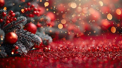 Christmas decoration border with fir branches and golden glitter confetti and sparkles of lights blur bokeh on red background. Bright Christmas and New Year design holiday frame, copy space