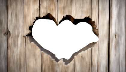 Rustic wooden backdrop features a heart shaped hole isolate on transparent background, png, cutout