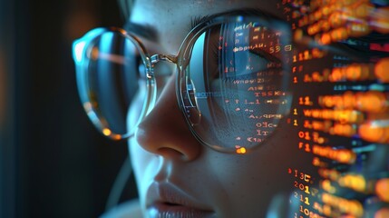 Software coding hologram and woman in data analytics information technology and gdpr overlay Programmer or IT person in glasses reading script programming and cybersecurity research on : Generative AI