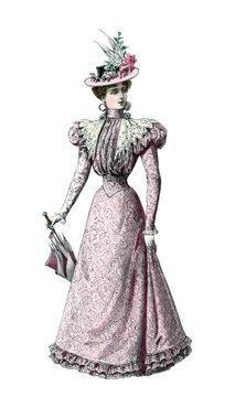 lady with pink dress, vintage illustration isolated on transparent background