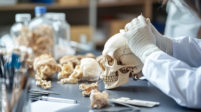 A forensic pathologist examining a set of human skeletal remains in a lab, with tools and evidence bags in the background