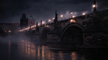 Obraz premium The majestic Charles Bridge at night with dimly lit street lamps and shimmering reflections on the Vltava River.