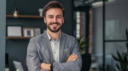 Fototapeta premium Smiling handsome businessman with crossed arms in modern office, young man exuding confidence, business success concept.