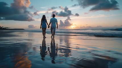 Fototapeta premium Rear View Of Couple In Casual Clothing On Vacation Holding Hands Walking Along Beach Shore At Dawn : Generative AI