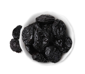 Tasty dried plums (prunes) on white background, top view