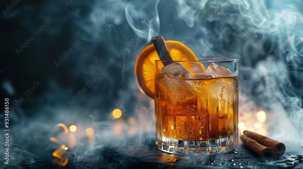 Poster smoked old fashioned rum cocktail or whiskey with ice and cinnamon stick on old black rocks with sli