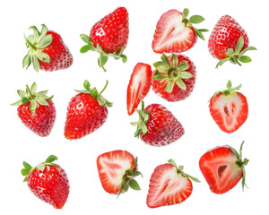 A collection of strawberries, whole and sliced, showcasing their vibrant colors and textures.