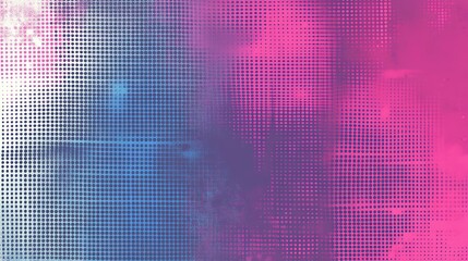 A blue and pink background with a halftone pattern.