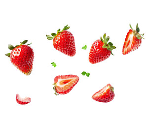 A collection of strawberries, whole and sliced, showcasing their vibrant color and texture.