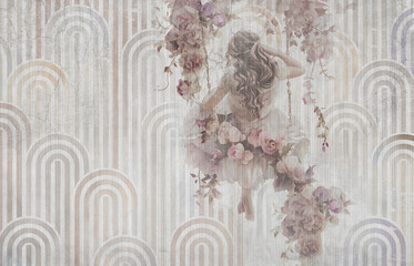 Beautiful woman with flowers on swings. Art deco elements in the background. Illustration can be used for wallpaper, card, poster, decoration.