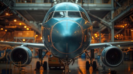 Nose of Airplane in Aircraft Production Facility. Focused view on the nose of an airplane inside an aircraft production facility, showcasing the final stages of aerospace assembly.