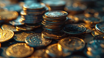 coins on a dark background coins scattered and stacked for background : Generative AI