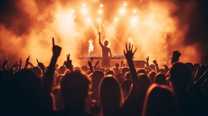 Fototapeta premium people having fun at rock concert, Live concert with bright stage lights and smoke, DJ performing