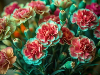 Vibrant pink and red carnations arranged in a beautiful floral pattern create a stunning background with soft focus and subtle texture, perfect for design elements.
