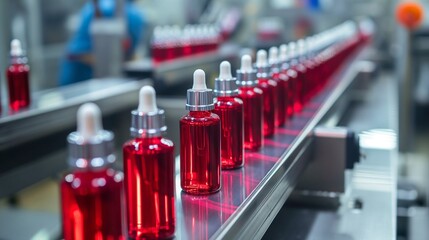 Cosmetics factory, production line, industrial. Plastic bottle moving on conveyor belt