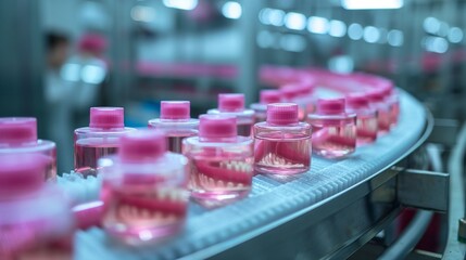 Cosmetics factory, production line, industrial. Plastic bottle moving on conveyor belt