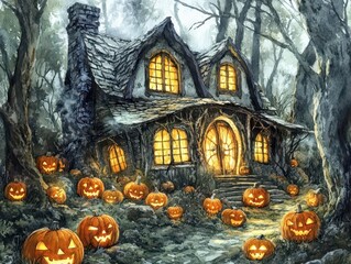 A spooky Halloween scene featuring a haunted house surrounded by glowing jack-o'-lanterns in a misty forest.