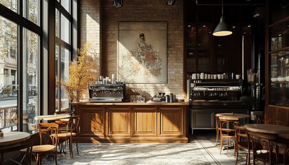 Elegant coffee shop design with minimalist touch, old Beyoglu and Galata influence, Autoban architecture, Paul Strandinspired 16k resolution, cinematic lighting