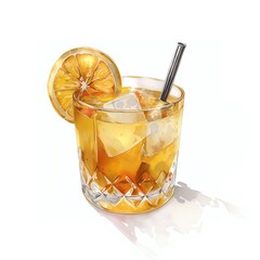 Cocktail watercolor painting, brown whiskey sour alcoholic beverage hand-painted illustration. Isolated on white background. Suitable for drink, menu, banner for advert