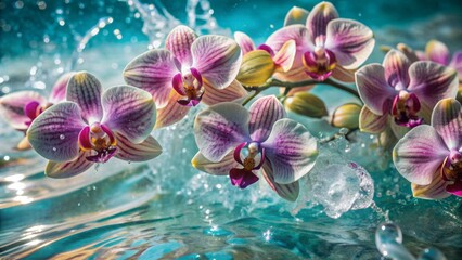 Obraz na płótnie Canvas Vibrant mauve orchids bloom in serene blue water, surrounded by close-up splashes of waves and droplets, capturing the beauty of nature's tranquility and elegance.