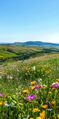 Fototapeta premium A beautiful, lush green field with a variety of flowers and grass. The sky is clear and blue, and the sun is shining brightly. The scene is peaceful and serene, and it evokes a sense of calm