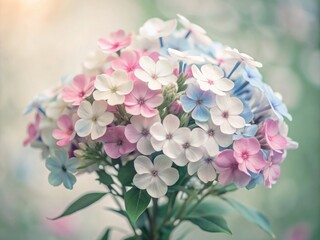 Delicate blue, white, and pink phlox flowers are beautifully arranged in a bouquet, set against a soft, creamy background with ample copy space for wedding or greeting cards.