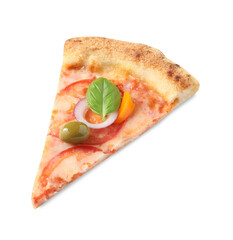 Slice of delicious vegetarian pizza isolated on white